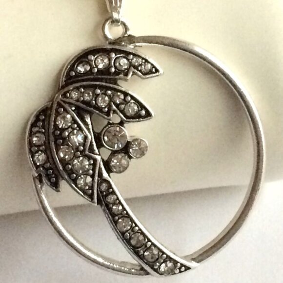 Palm Tree Pendant Necklace Crystal Silver Plated 23" X-Long Chain Coconut Island - Picture 7 of 12